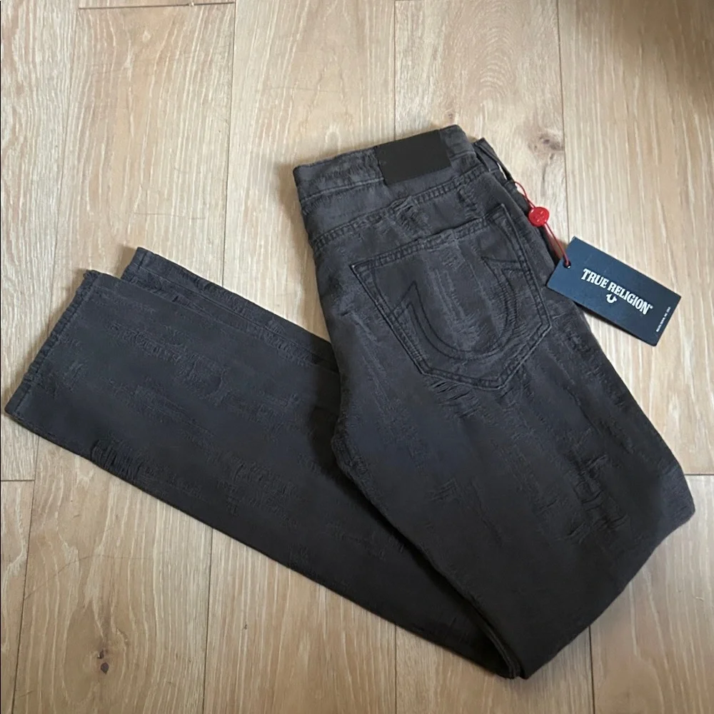 New True Religion Geno Relaxed Slim Fit All Over Faded Black Distressed Jeans